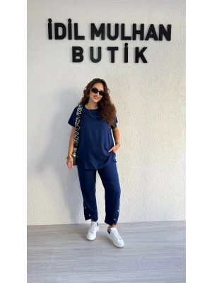 Lacivert Düğme Detaylı Viskon Takım