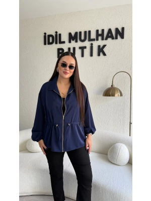 Lacivert Fermuarlı Bel Büzgülü Ceket