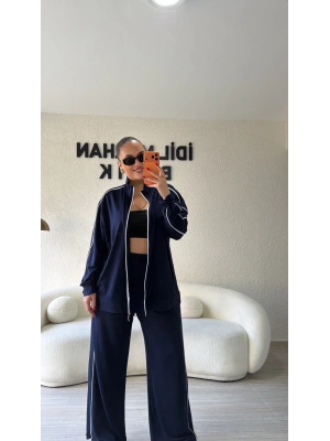 Lacivert Fermuarlı Çift Çizgili Takım