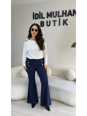 Lacivert Gold Düğmeli İspanyol Paça Pantolon