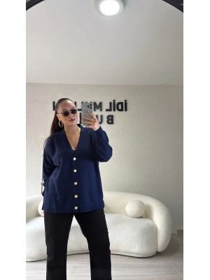 Lacivert Gold Düğmeli Triko Hırka