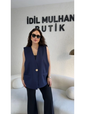 Lacivert Gold Tek Düğme Detaylı Yelek