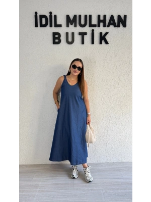 Lacivert Jean Kumaş Lastik Askılı Elbise