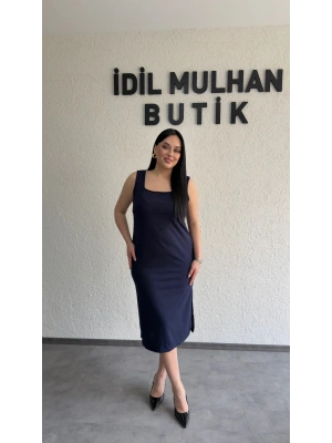 Lacivert Kare Yaka Krep Elbise