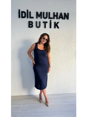 Lacivert Kare Yaka Krep Elbise