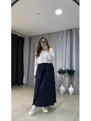Lacivert Kırışık Kumaş Kraş Etek
