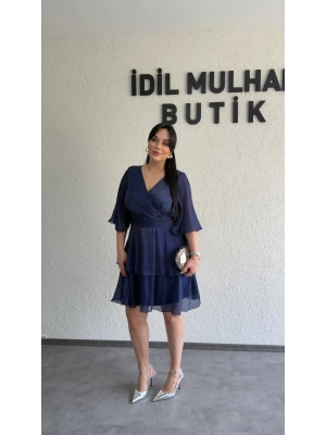 Lacivert Kruvaze Yaka Kat Kat Elbise