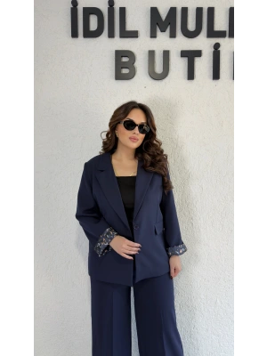 Lacivert Leopar Detaylı Blazer Ceket