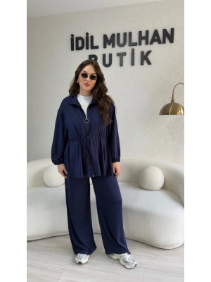 Lacivert Likralı Kristal Bel Büzgülü Takım