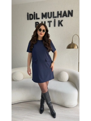 Lacivert Likralı Süs Cepli Elbise