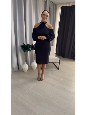 Lacivert Omuz Detaylı Midi Boy Abiye