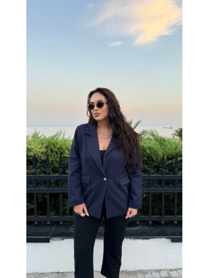 Lacivert Omuzları Vatkalı Blazer Ceket