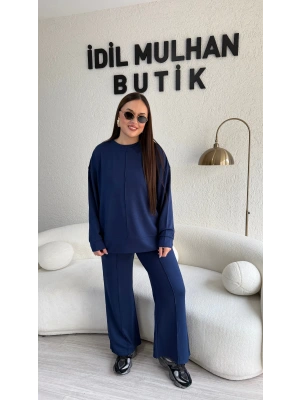 Lacivert Önü Çizgi Detaylı Pamuklu Takım