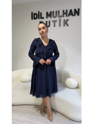 Lacivert Şifon Yaka Ve Kol Detaylı Elbise