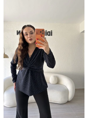 Lacivert Sim Detaylı Taş İşlemeli Bluz