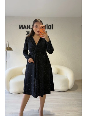 Lacivert Sim Işıltılı Kruvaze Elbise