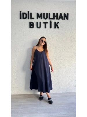 Lacivert Tensel Askılı Elbise