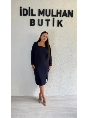 Lacivert Uzun Kollu Kare Yaka Krep Elbise