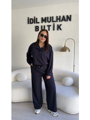 Lacivert Yakası Düğmeli Büyük Beden Takım