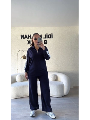 Lacivert Yakası Fermuarlı Beyaz Şeritli Takım