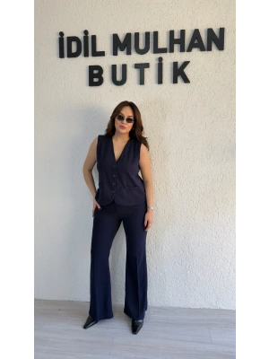 Lacivert Yüksek Bel İspanyol Paça Pantolon