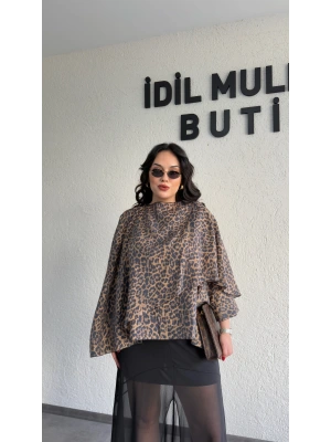Leopar Desenli Premium Pelerin Bluz