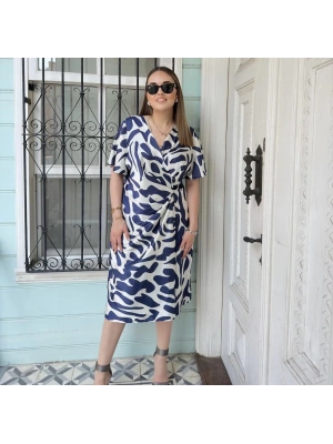 Mavi Fırça Desenli Saten Elbise