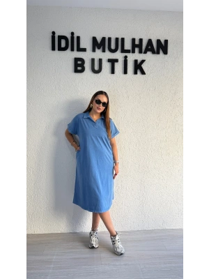Mavi Yıkamalı Polo Yaka Elbise