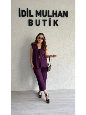 Mürdüm Bağlama Detay Yelek Takım