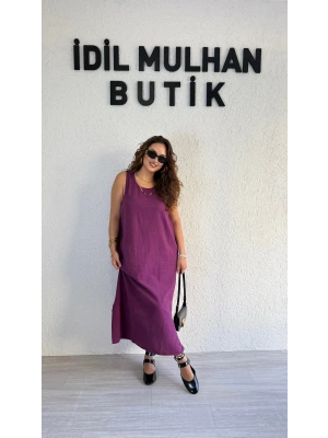 Mürdüm Bluzlu Pamuk Keten Elbise