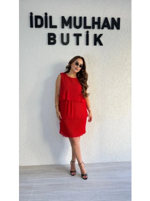 Nar Çiçeği Piliseli Şifon Elbise