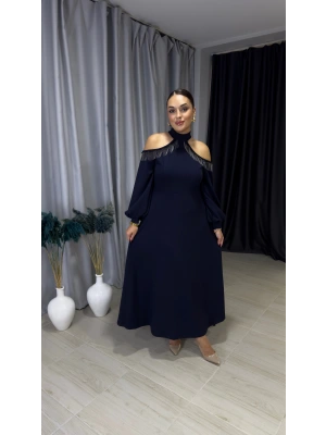Omuz ve Zincir Detaylı Lacivert Abiye
