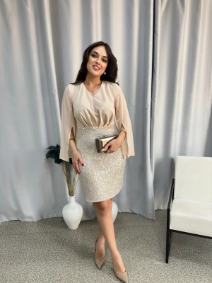 Payetli Krem Scuba Krep Kumaş Elbise