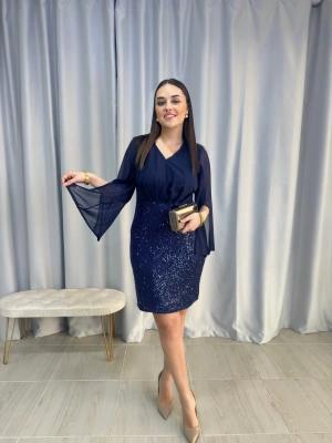 Payetli Lacivert Scuba Krep Kumaş Elbise