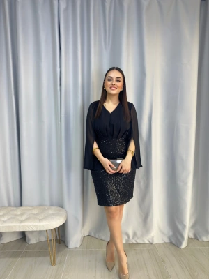 Payetli Siyah Scuba Krep Kumaş Elbise