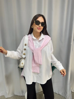 Pembe Bağlama Detaylı Oversize Gömlek