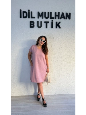 Pudra Pembe Keten Cep Detaylı Oversize Elbise