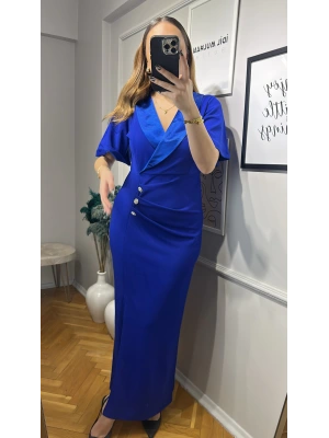 Saks Mavisi Kısa Kol Kadife Yaka Düğmeli Elbise