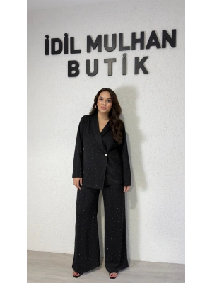 Şal Yaka Kruvaze Siyah Taşlı Takım