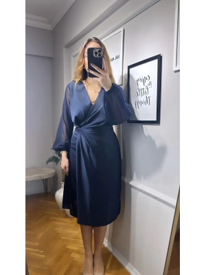 Saten Lacivert Elbise