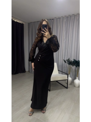 Saten Yaka Kol Güpür Detaylı Abiye