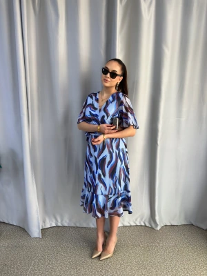 Şifon Renkli Fırça Desenli Elbise