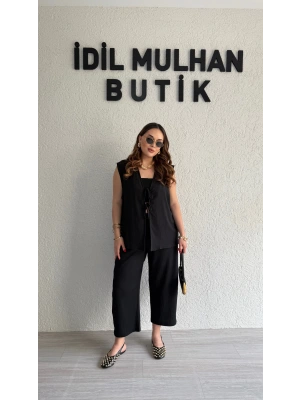 Siyah Bağlama Detay Yelek Takım