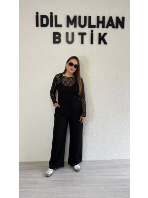 Siyah Beli Lastikli Parlak Bürümcük Pantolon