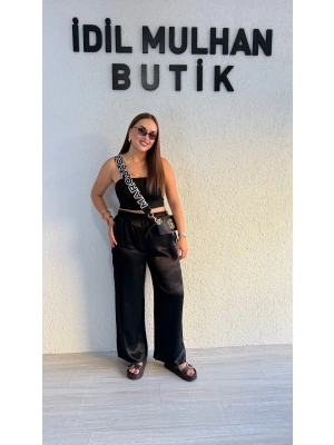 Siyah Beli Lastikli Saten Pantolon