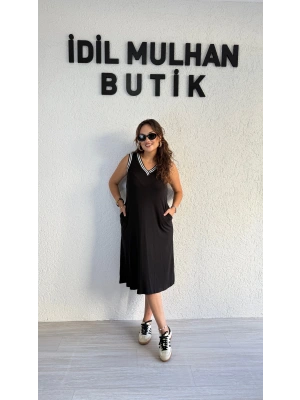 Siyah Beyaz Çift Şeritli Kolsuz Elbise