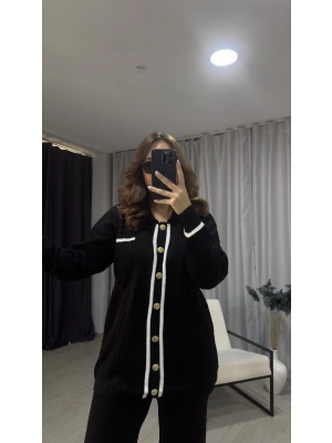 Siyah Beyaz Çizgili Hırka Triko Takım