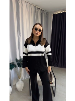 Siyah Beyaz Desenli Fermuarlı Kazak