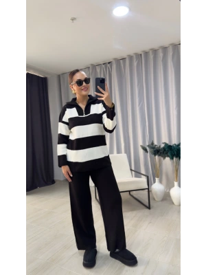 Siyah Beyaz Fermuarlı Triko Takım