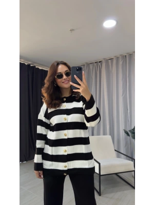 Siyah Beyaz Gold Düğmeli Hırka Takım